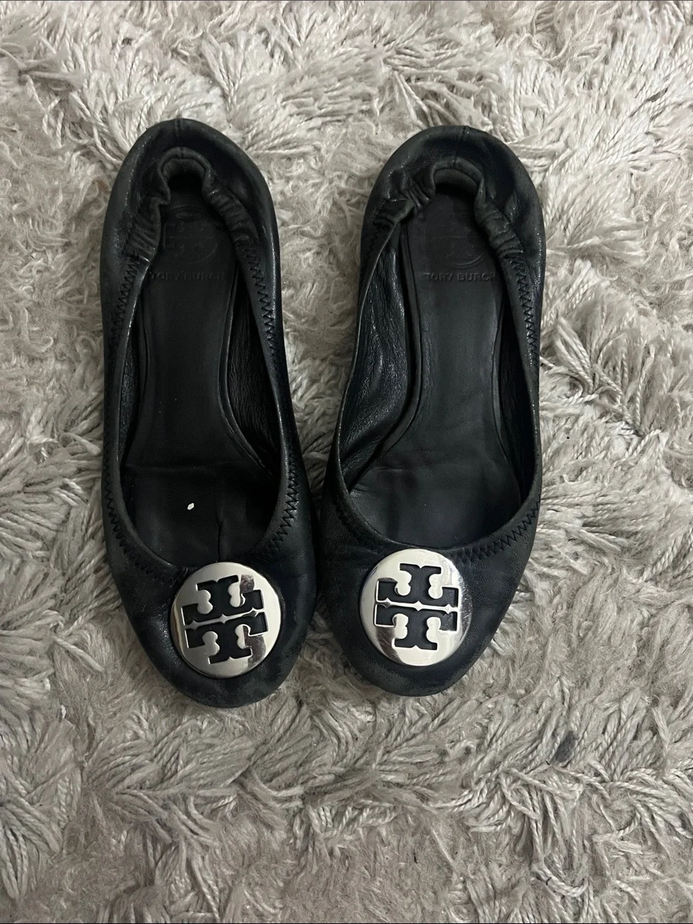 Tory Burch Black Leather and Silver Logo Reva Ballet Flats